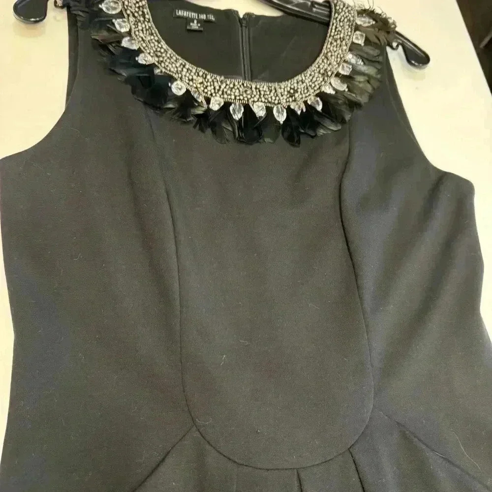 NWOT Lafayette 148 Black Stretch Ponte Knit Beads & Feathers Neckline Dress 8 - Picture 8 of 11